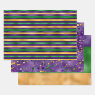 FEUILLE DE PAPIER CADEAU PURPLE VERT OR MARDI GRAS STRIPES POIS