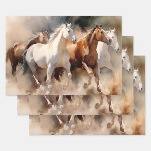 Feuille De Papier Cadeau “Quatre Mustangs au Galop” Aquarelle poussiéreuse