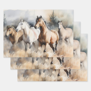 Feuille De Papier Cadeau « Quatre mustangs sauvages » Aquarelle poussiéreus