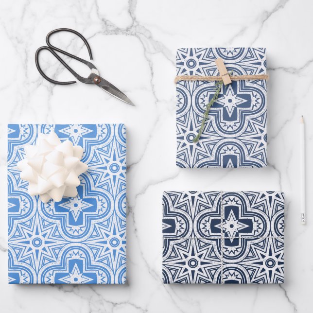 Feuille De Papier Cadeau Quatrefoil de vacances en nuances de bleu (Recto)