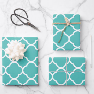 Feuille De Papier Cadeau Quatrefoil Motifs Turquoise en latex blanc Noël