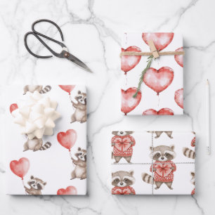 Feuille De Papier Cadeau Raccoon Coeurs Ballons Anniversaire