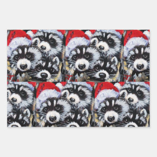 Feuille De Papier Cadeau Raccoons Noël Santa Hat Art original
