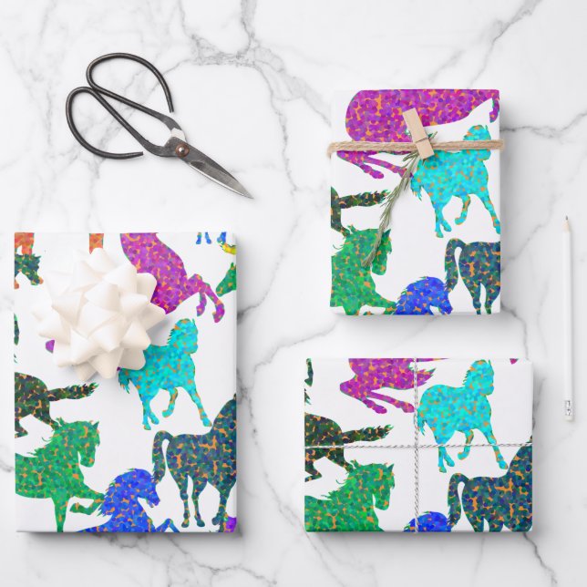 Feuille De Papier Cadeau Rainbow Horses - "Dotty about Horses !" (Recto)