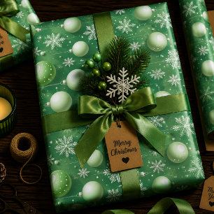 Feuille De Papier Cadeau Rameaux verts et flocons de neige