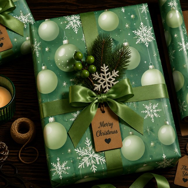 Feuille De Papier Cadeau Rameaux verts et flocons de neige (Créateur téléchargé)
