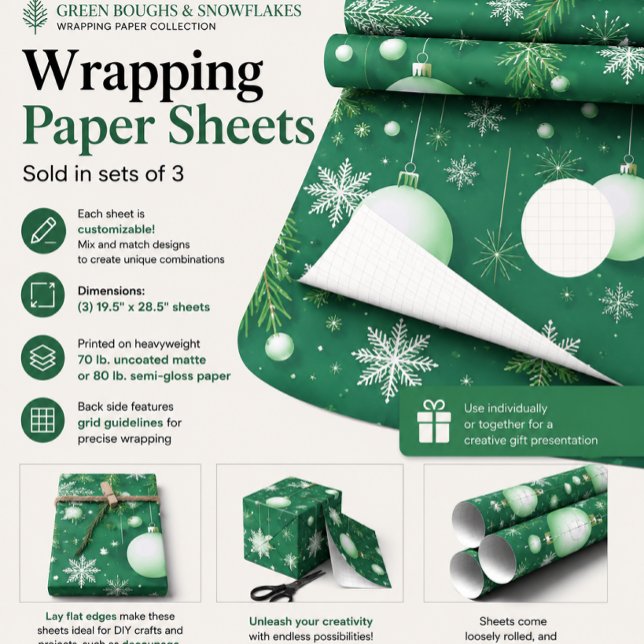 Feuille De Papier Cadeau Rameaux verts et flocons de neige (Créateur téléchargé)