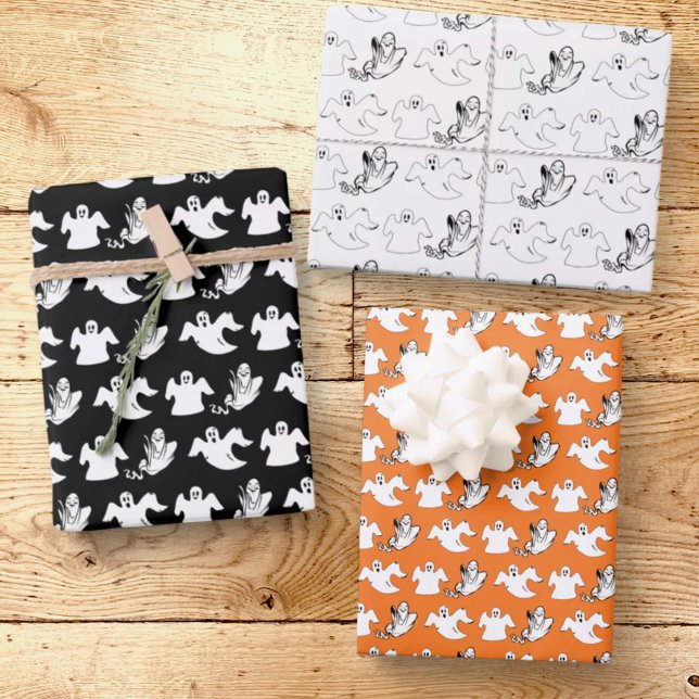 Feuille De Papier Cadeau Rangées De Fantômes Volants Halloween (Dancing ghost Halloween three sheet gift wrap )