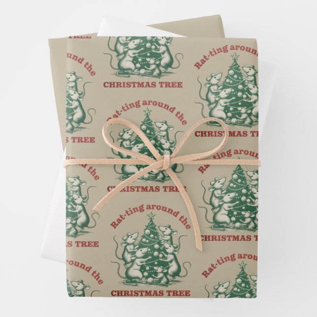 Feuille De Papier Cadeau Rat-ting Around The Christmas Tree Funny Xmas Rat (En situation)
