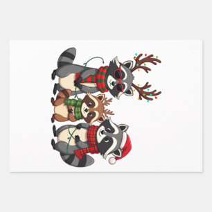 Feuille De Papier Cadeau Raton laveur de Noël avec chapeau de Père Noël cor