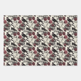 Feuille De Papier Cadeau Ravens gothiques vintages, Roses et livres