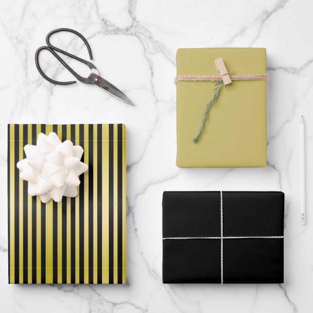 Feuille De Papier Cadeau Rayé noir et or  (Recto)