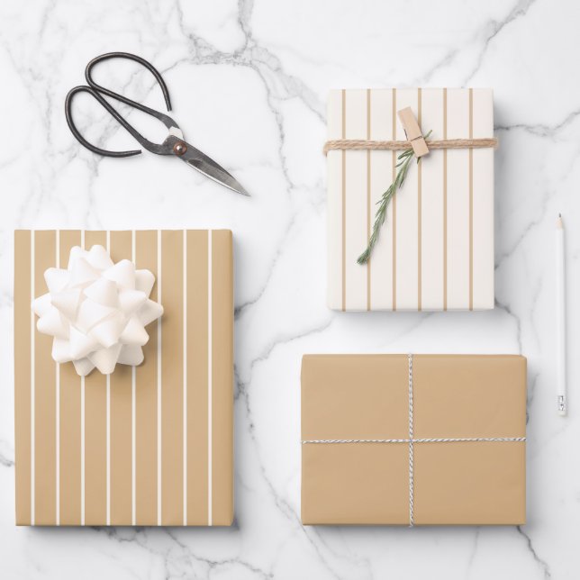 Feuille De Papier Cadeau Rayure moderne côtière beige chaud et blanc cassé (Recto)