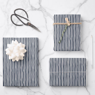 Feuille De Papier Cadeau Rayures asymétriques bleu marine et ivoire