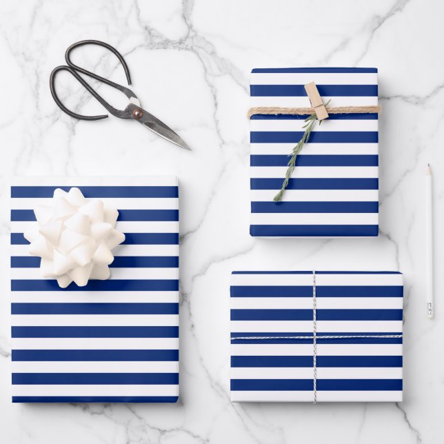 Feuille De Papier Cadeau rayures bleu marine et blanc (Recto)