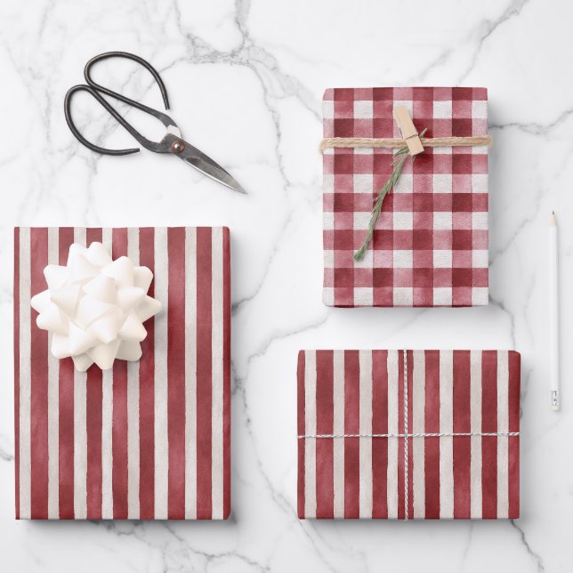 Feuille De Papier Cadeau Rayures crème rouge de Noël (Recto)