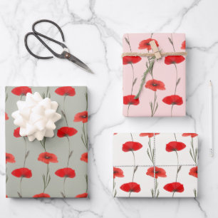Feuille De Papier Cadeau Rayures de coquelicot rouge avec vert pastel et ro