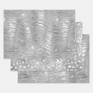 Feuille De Papier Cadeau Rayures de Tigre Pailletées Argent & Taches de Léo