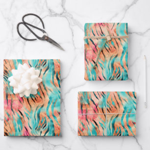 Feuille De Papier Cadeau Rayures de tigre rose, turquoise et orange