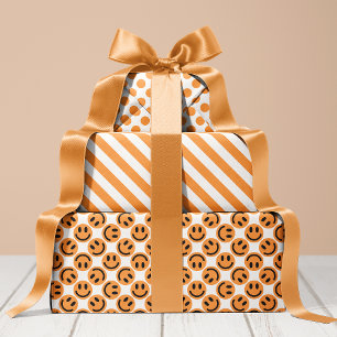 Feuille De Papier Cadeau Rayures et pois visage heureux orange