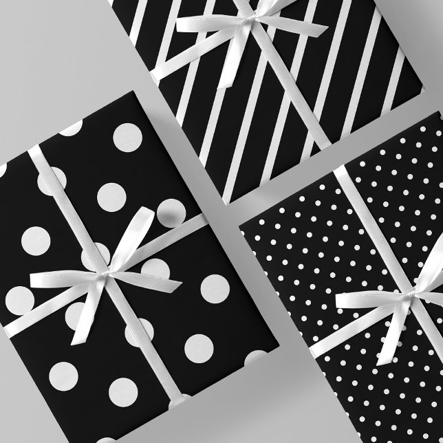 Feuille De Papier Cadeau Rayures & Points Classiques Noir & Blanc (Stripes & Polka Dots Classic Black & White Wrapping Paper Sheets)