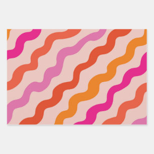 Feuille De Papier Cadeau Rayures Rétro Vagues Abstraites Rose Rouge Orange 
