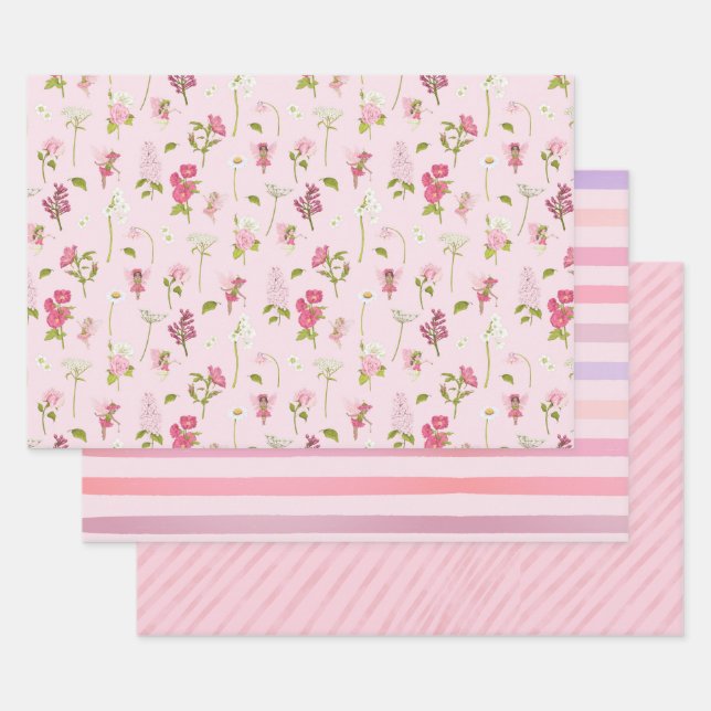 Feuille De Papier Cadeau Rayures Rose Fée Aquarelle (Lot)