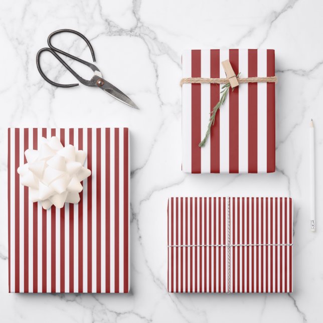 Feuille De Papier Cadeau Rayures Rouge Foncé & Blanc (Recto)