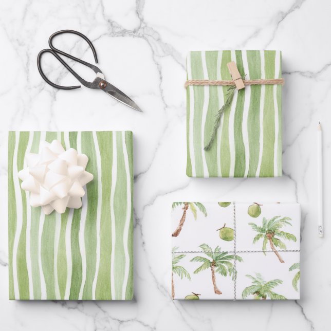 Feuille De Papier Cadeau Rayures vert lime ondulées crème (Recto)