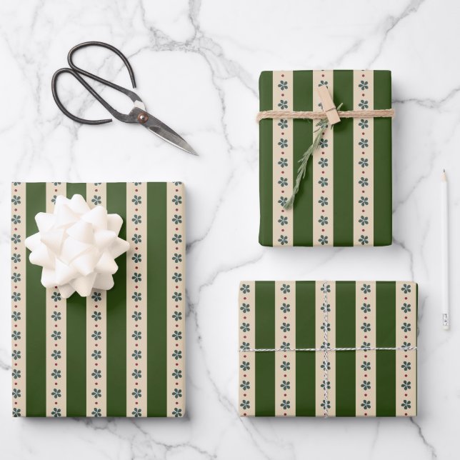 Feuille De Papier Cadeau Rayures Vertes Et Crème Et Fleurs (Recto)