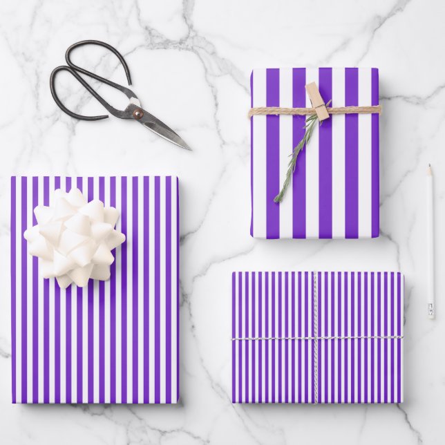 Feuille De Papier Cadeau Rayures violettes et blanches (Recto)