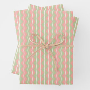 Feuille De Papier Cadeau Rayures Zigzag Chevron - Rose,Vert et ivoire pâle