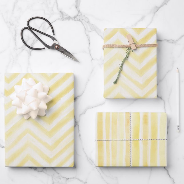 Feuille De Papier Cadeau Rayures Zigzag Jaune Blanc Anniversaire (Recto)