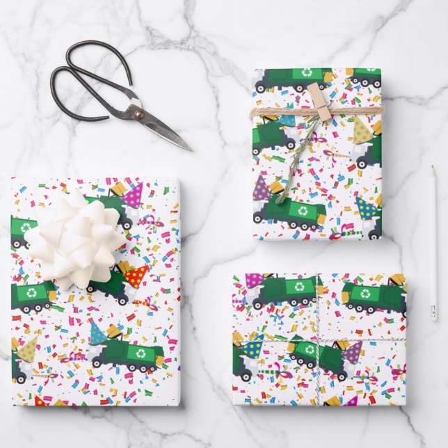 Feuille De Papier Cadeau Recyclage Motif de la fête des camions à ordures (Recto)