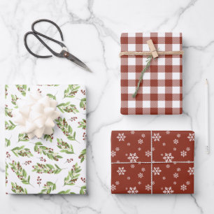 Feuille De Papier Cadeau Red Berry Twigs Snowflakes Motifs de vacances