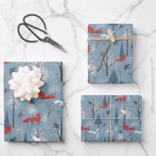 Feuille De Papier Cadeau Red Blue moderne Nordic Winter Foxes Birds Motif