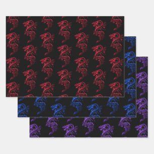 Feuille De Papier Cadeau Red Blue & Purple Asian Dragons Collection