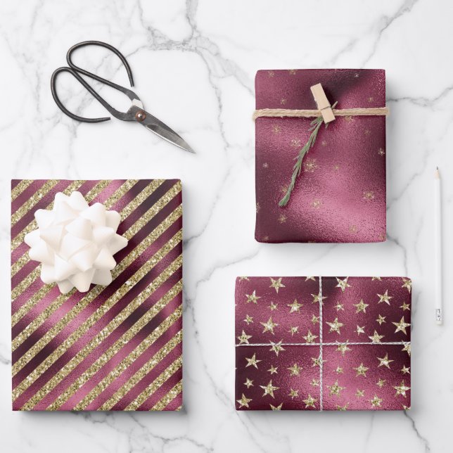 Feuille De Papier Cadeau Red Burgundy Gold Parties scintillant Stripes Star (Recto)