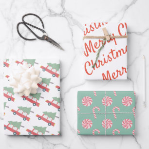 Feuille De Papier Cadeau Red Car Christmas Tree Candy Motif Holiday