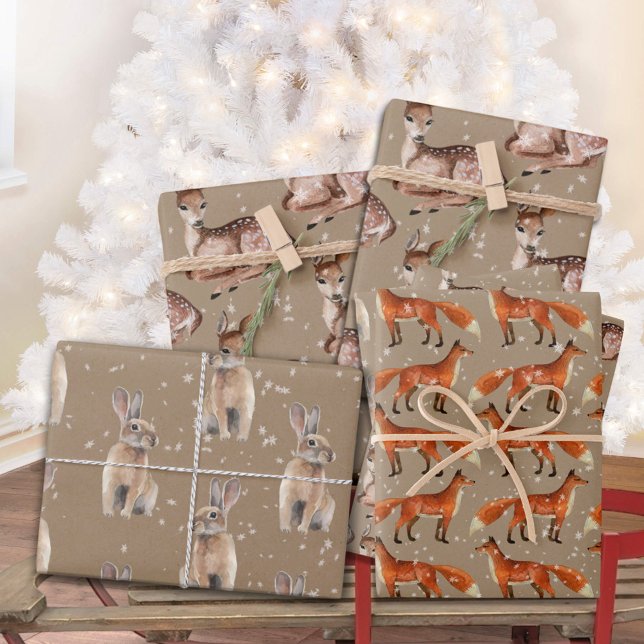 Feuille De Papier Cadeau Red Fox Rustique Lièvre et flocons de neige Kraft (Rustic Kraft Red Fox Doe Hare & Snowflakes Christmas Holiday Gift Wrapping Paper Sheets Trio)