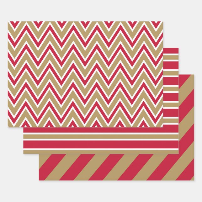 Feuille De Papier Cadeau Red, Gold, and White Chevron & Stripe Patterns (Lot)