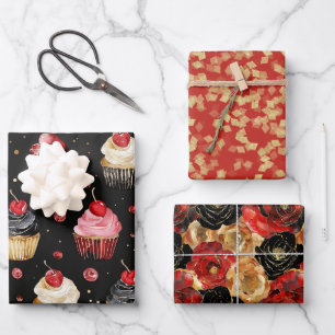 Feuille De Papier Cadeau Red Gold Black Cupcakes Cherry Floral Anniversaire
