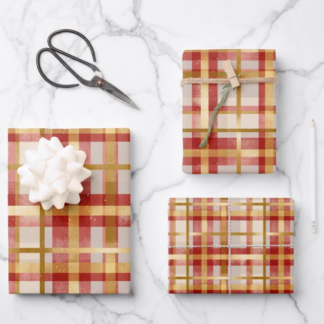 Feuille De Papier Cadeau Red Gold Christmas Plaid (Recto)