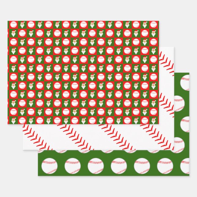 Feuille De Papier Cadeau Red & Green Basball & Père Noël Matching Christmas (Lot)