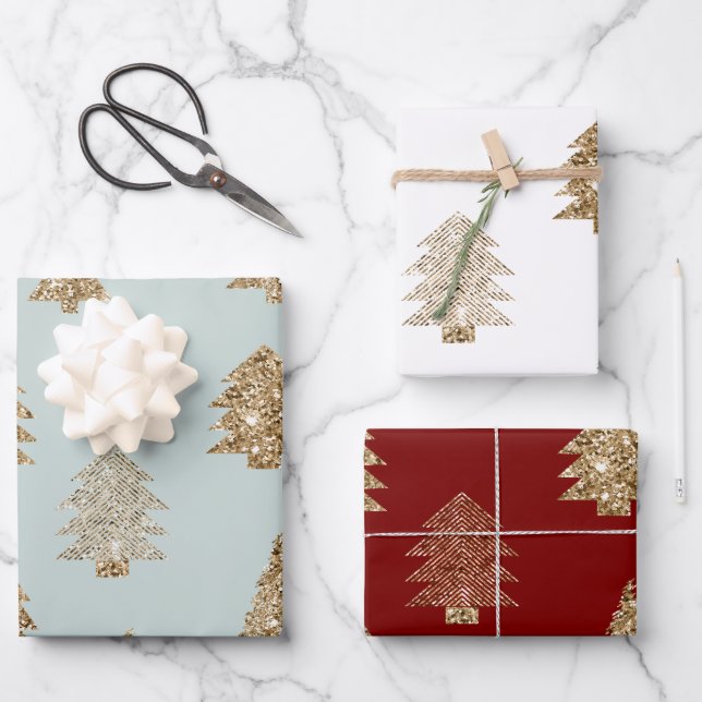 Feuille De Papier Cadeau Red Green Mint Gold Glitter Glam Christmas Trees (Recto)