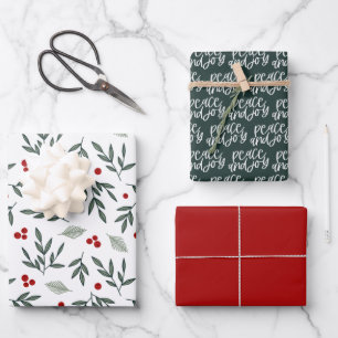 Feuille De Papier Cadeau Red Green Peace and Joy Winter Holiday Wrapper Pa