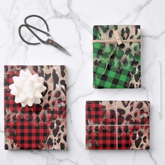 Feuille De Papier Cadeau Red & Green Plaid et Cheetah Funky Christmas (Recto)
