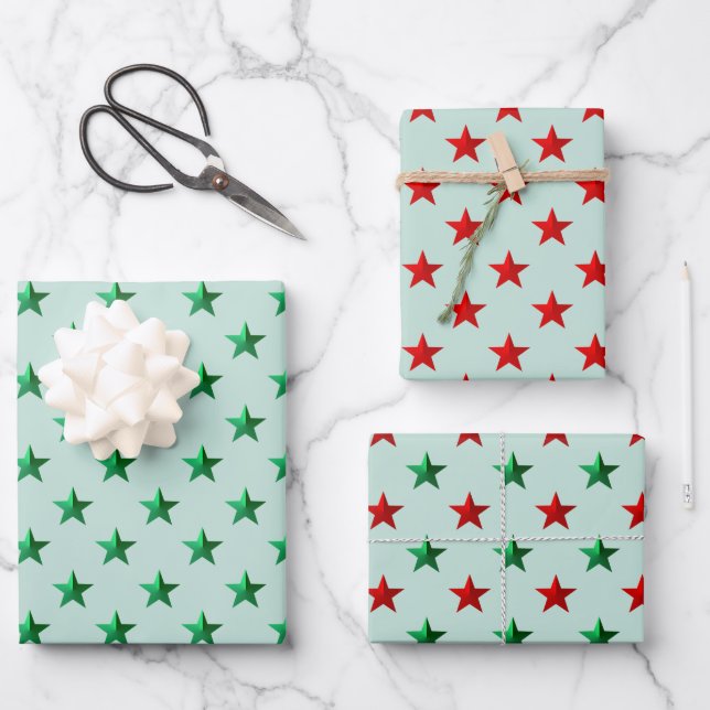 Feuille De Papier Cadeau Red Green Stars On Sage Green Christmas Holiday (Recto)