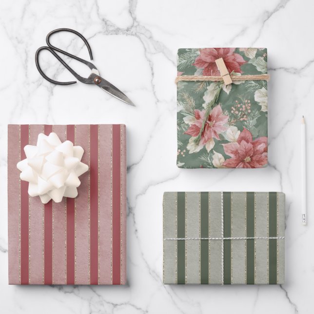 Feuille De Papier Cadeau Red Green Stripes Floral Christmas (Recto)