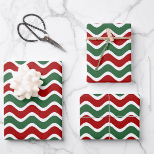 Feuille De Papier Cadeau Red Green White Christmas Wave Stripes